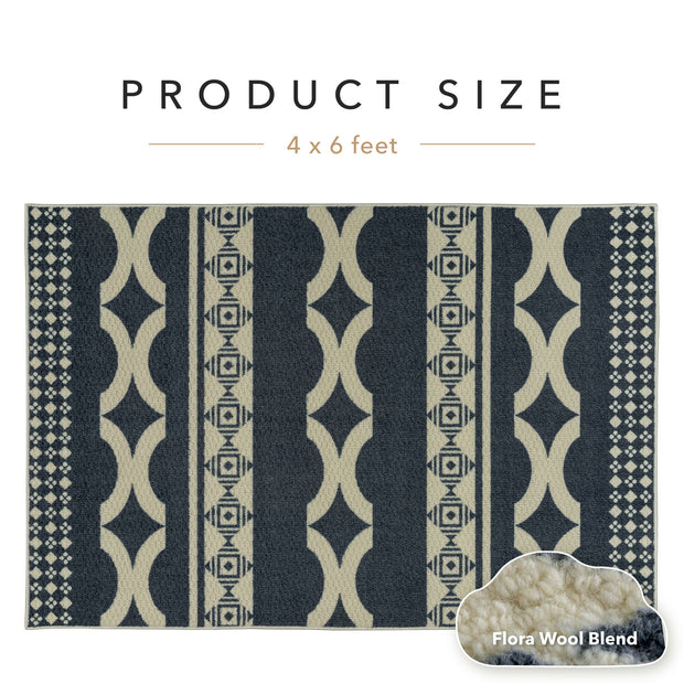 Patterned rug with geometric design on a white background, labeled 'Product Size 4 x 6 feet'.