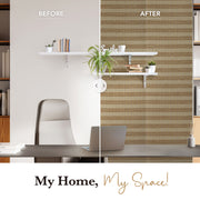 Before and after comparison of a room with a wall treatment change, featuring a desk and chair.