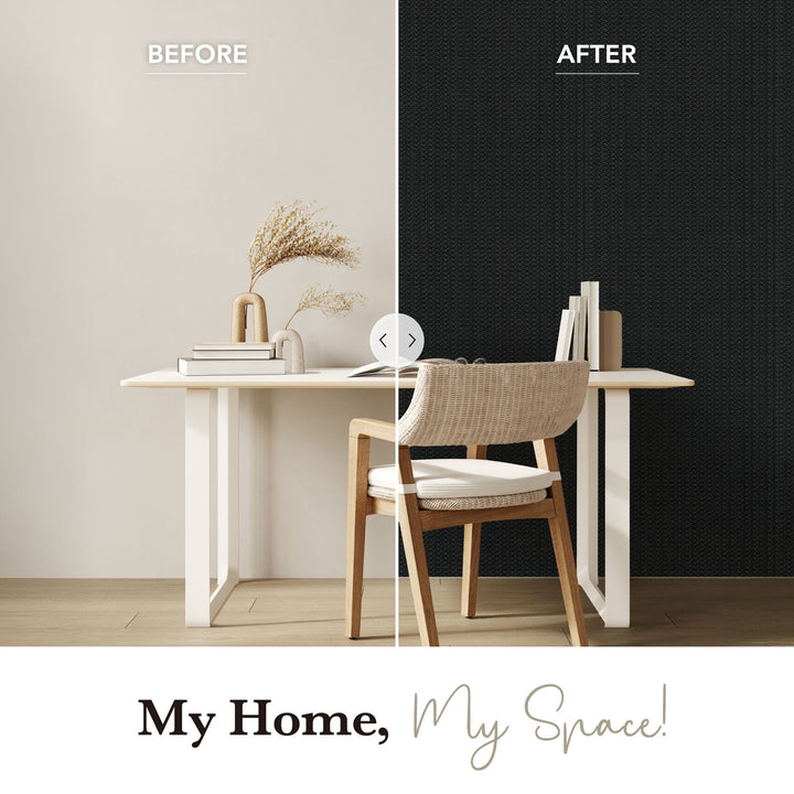 Before and after comparison of a room with a table and chair against a plain wall.