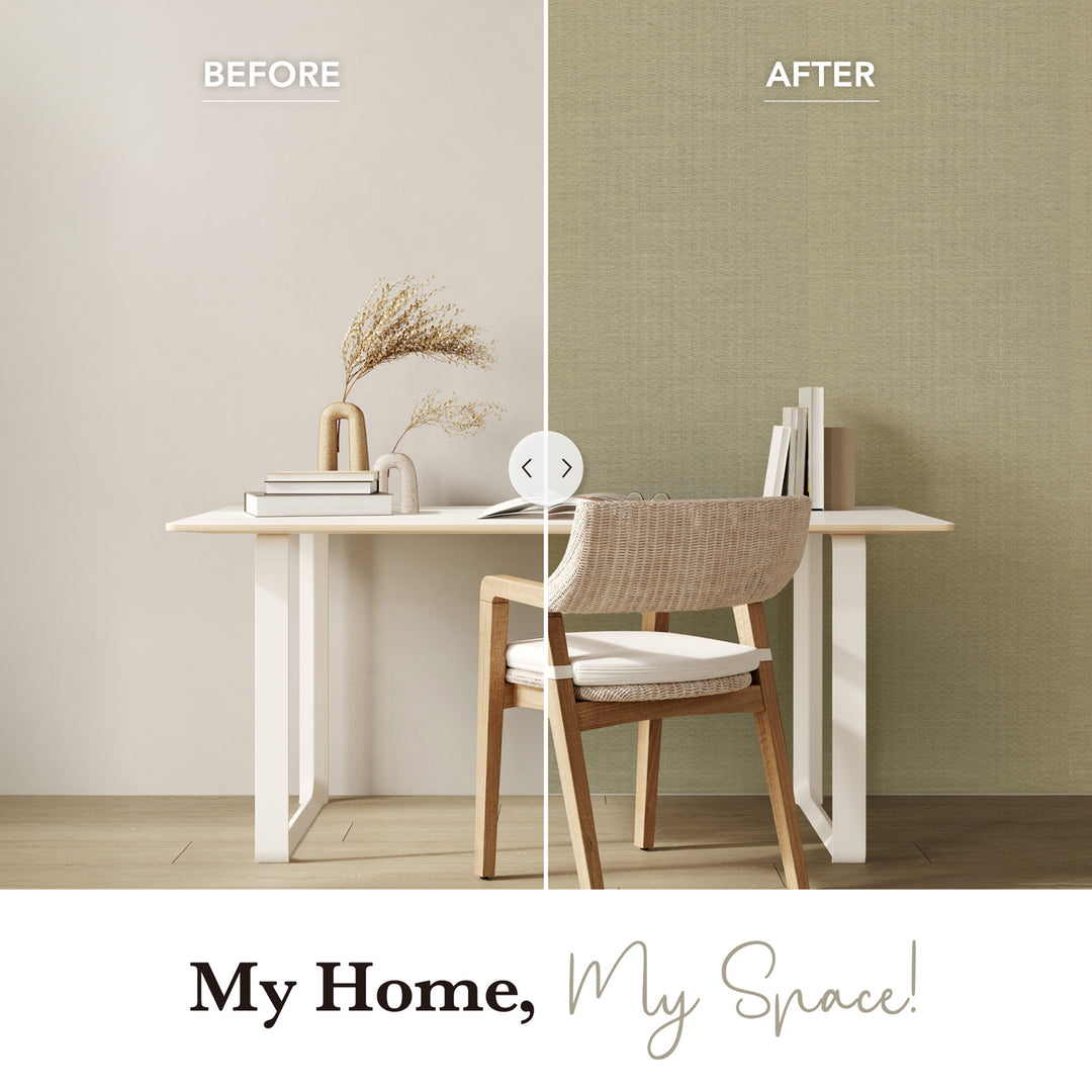 Before and after comparison of a room with a desk and chair against different wall colors.