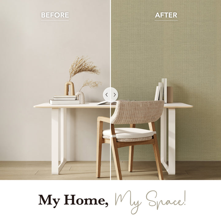 Before and after comparison of a room with a desk and chair against different wall colors.