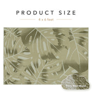 Textile with leaf pattern and product size information on a white background