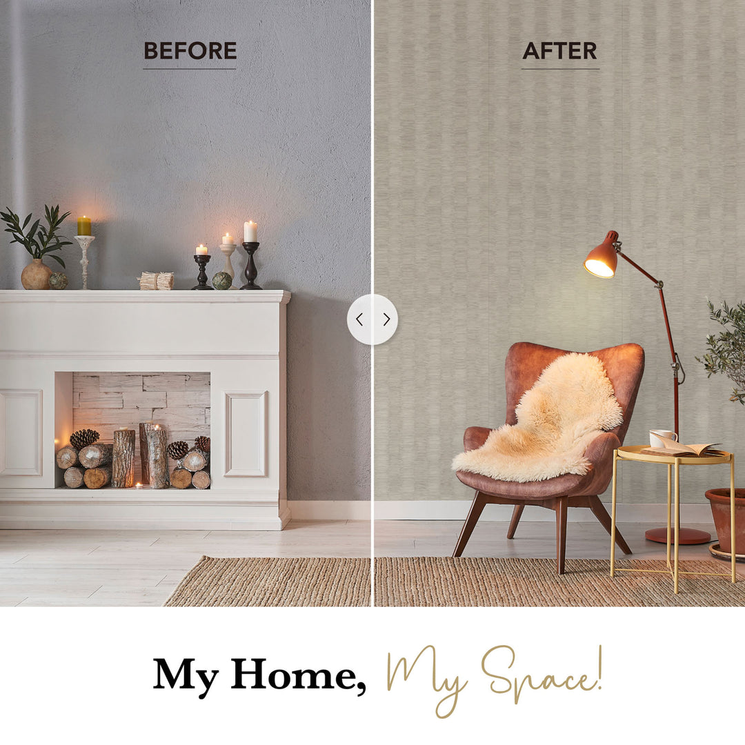 Before and after comparison of a living room with a fireplace and chair.