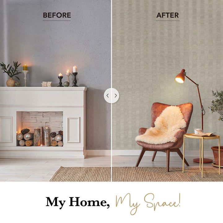 Before and after comparison of a living room with a fireplace and chair.