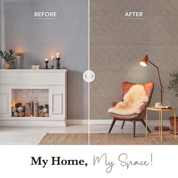 Before and after comparison of a living room setup with a fireplace and chair.