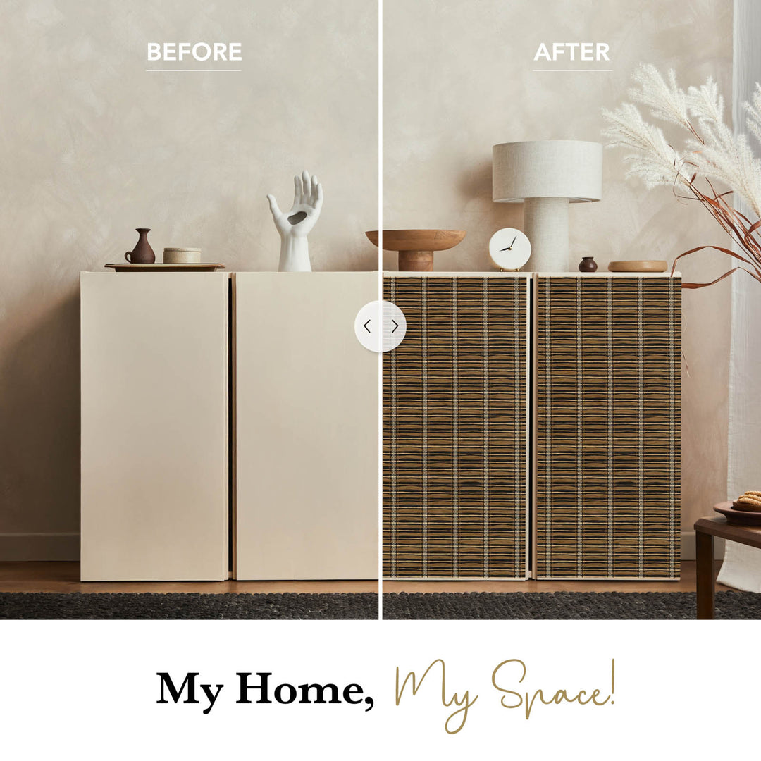 Before and after comparison of a cabinet with decorative items, featuring text 'My Home, My Space!'.