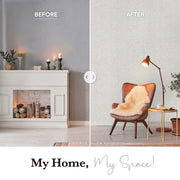 Before and after comparison of a living room with decorative elements.