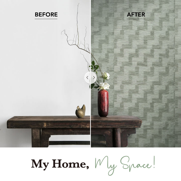 Before and after comparison of a room with a wooden bench and vase against a plain wall and patterned wallpaper.