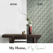 Before and after comparison of a room with a wooden bench and vase against a plain wall and patterned wallpaper.