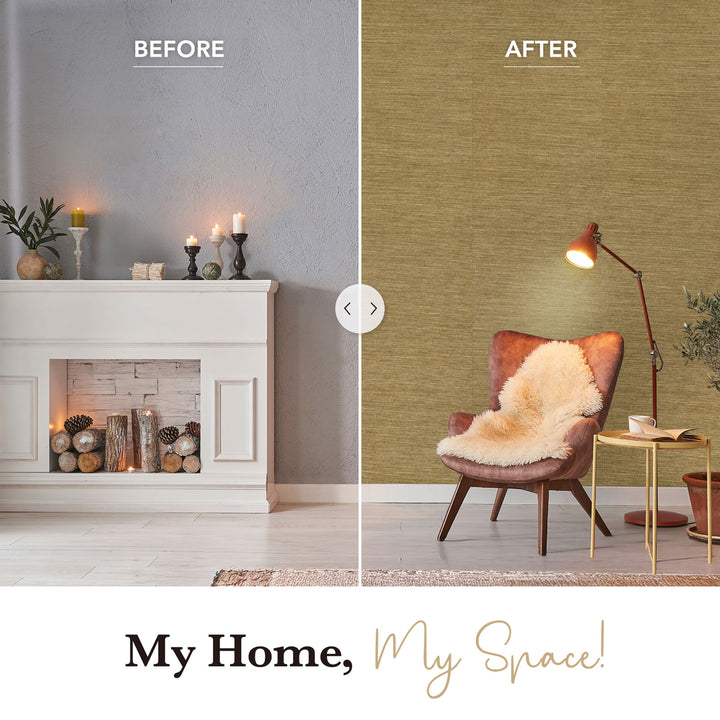 Before and after comparison of a living room with a fireplace and a chair with a sheepskin rug.