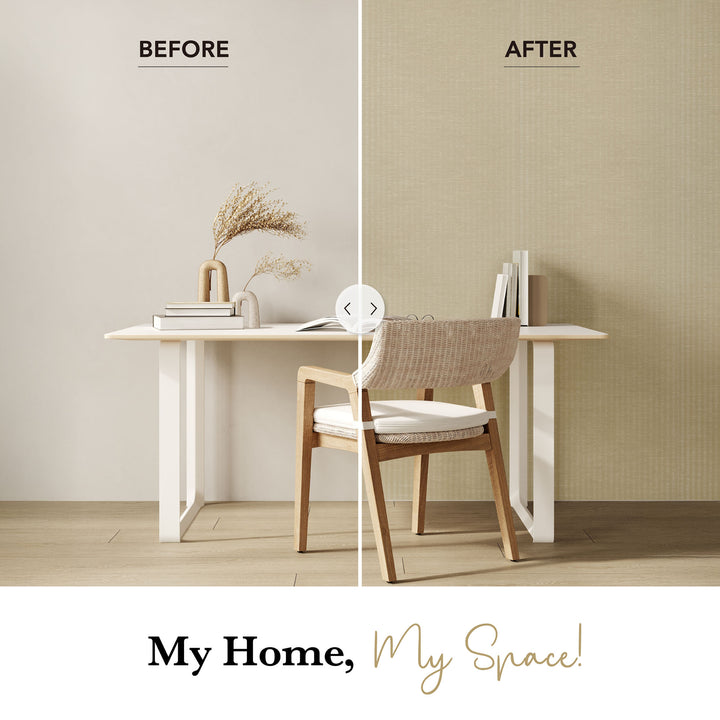 Before and after comparison of a home office setup with a desk and chair.