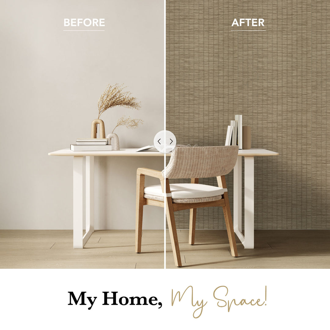 Before and after comparison of a room with a wall treatment change, featuring a table and chair.