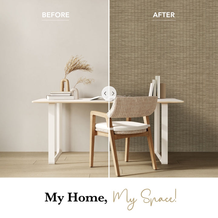 Before and after comparison of a room with a wall treatment change, featuring a table and chair.