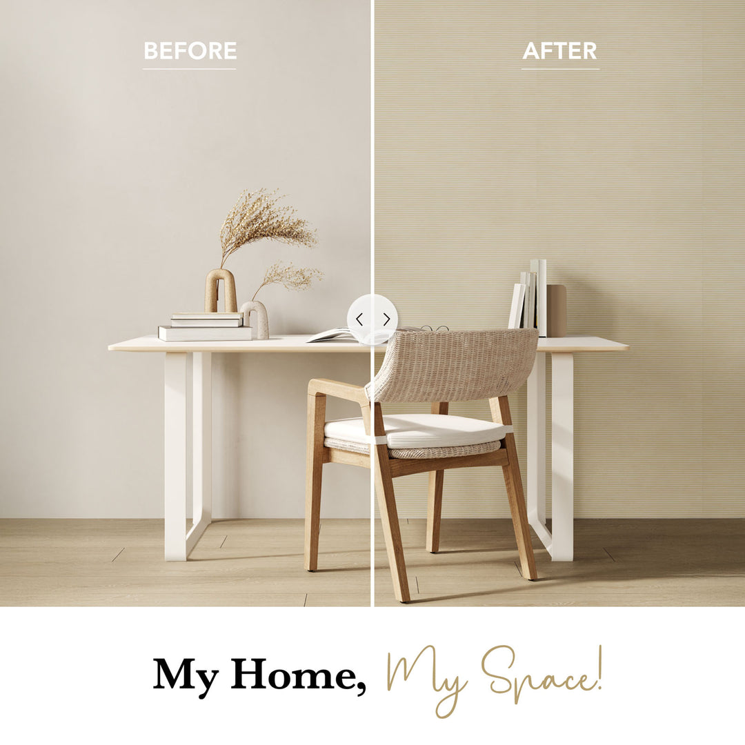 Before and after comparison of a home office setup with a desk and chair.