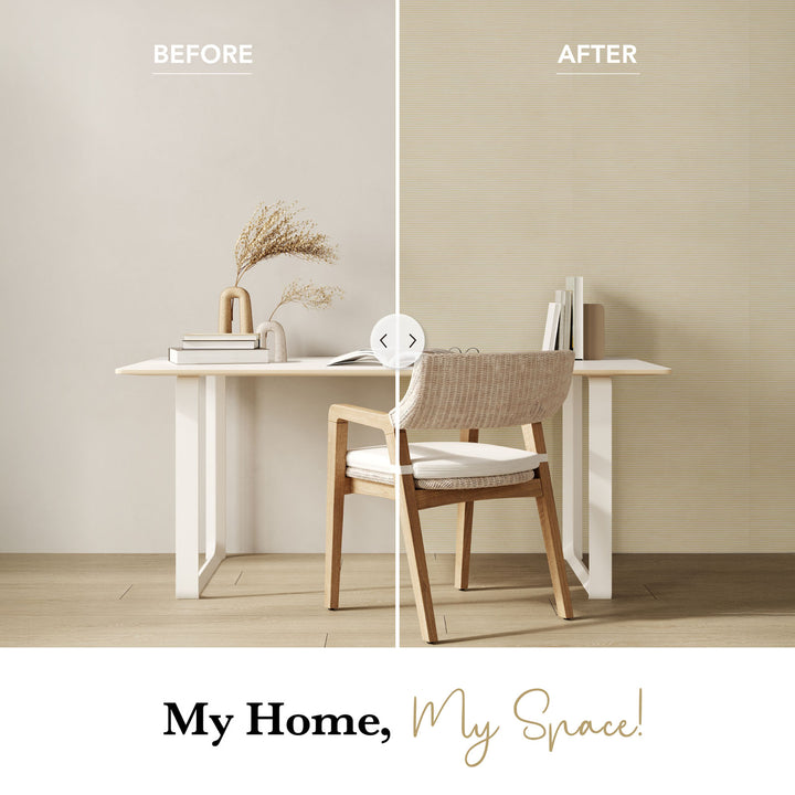 Before and after comparison of a home office setup with a desk and chair.