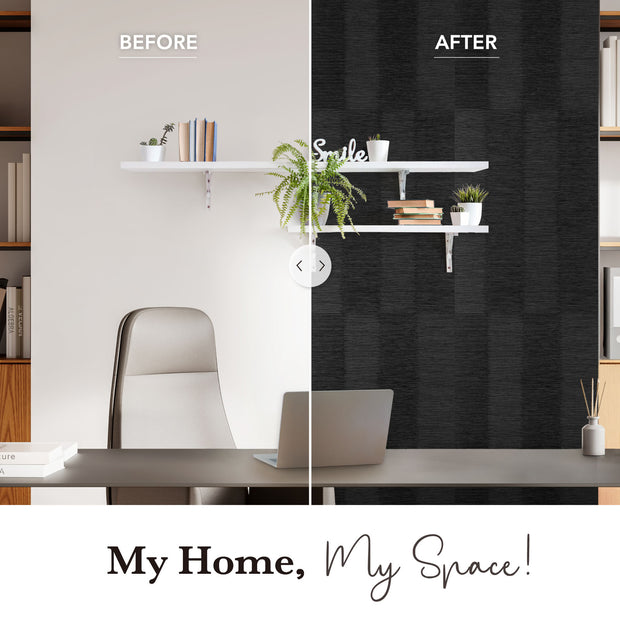 Before and after comparison of a home office setup with a black textured wall.