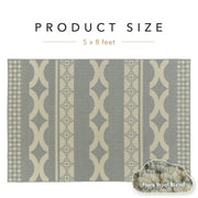 Patterned rug with geometric design on a white background, labeled 'Product Size 5 x 8 feet'.
