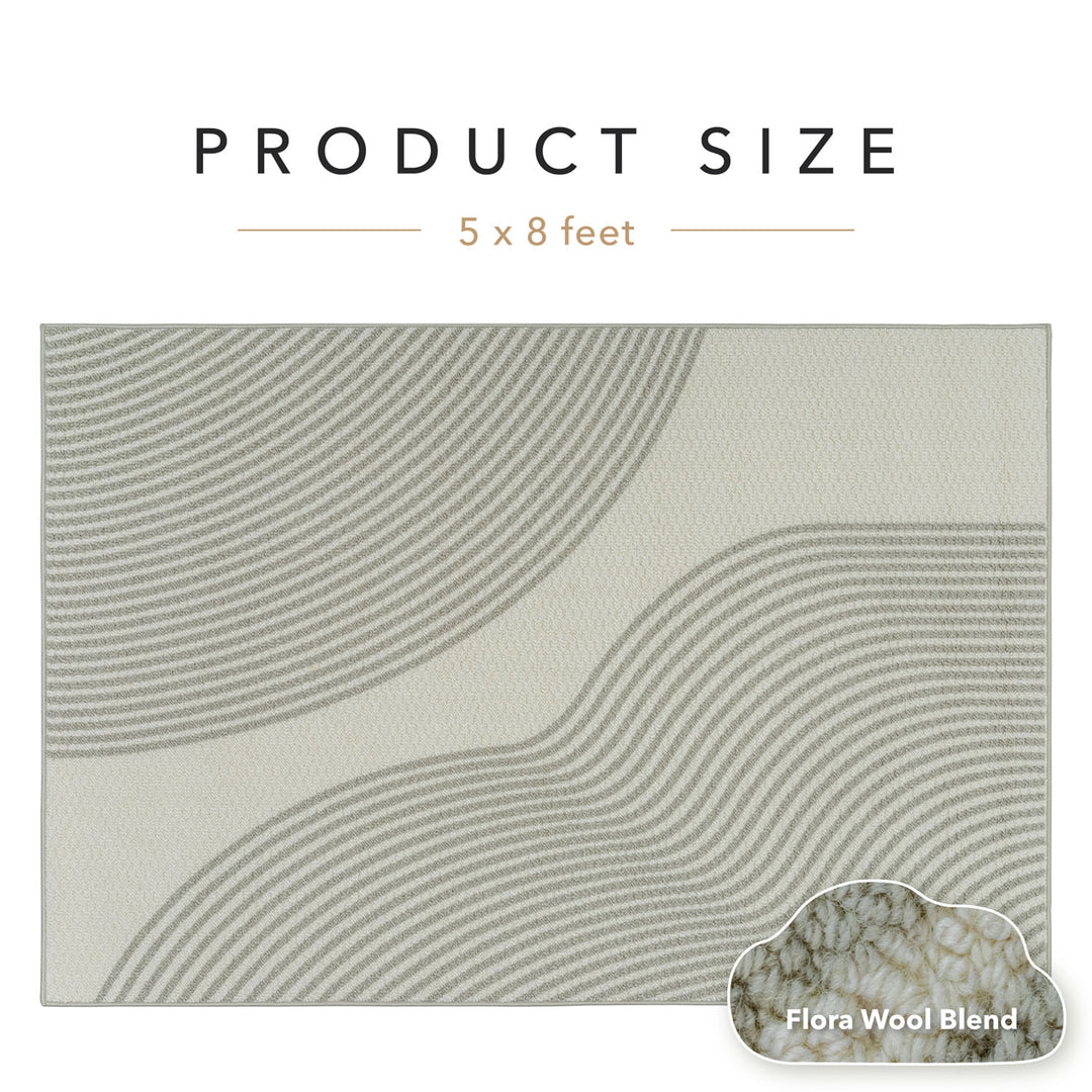 Textile product size 5 x 8 feet with Flora Wool Blend label on a white background