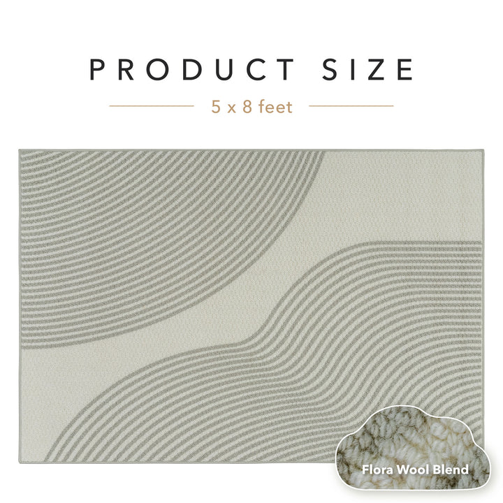 Textile product size 5 x 8 feet with Flora Wool Blend label on a white background