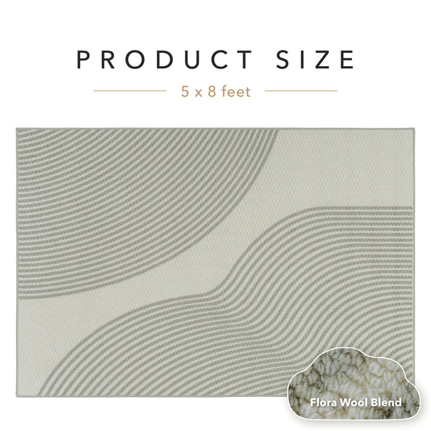 Textile product size 5 x 8 feet with Flora Wool Blend label on a white background