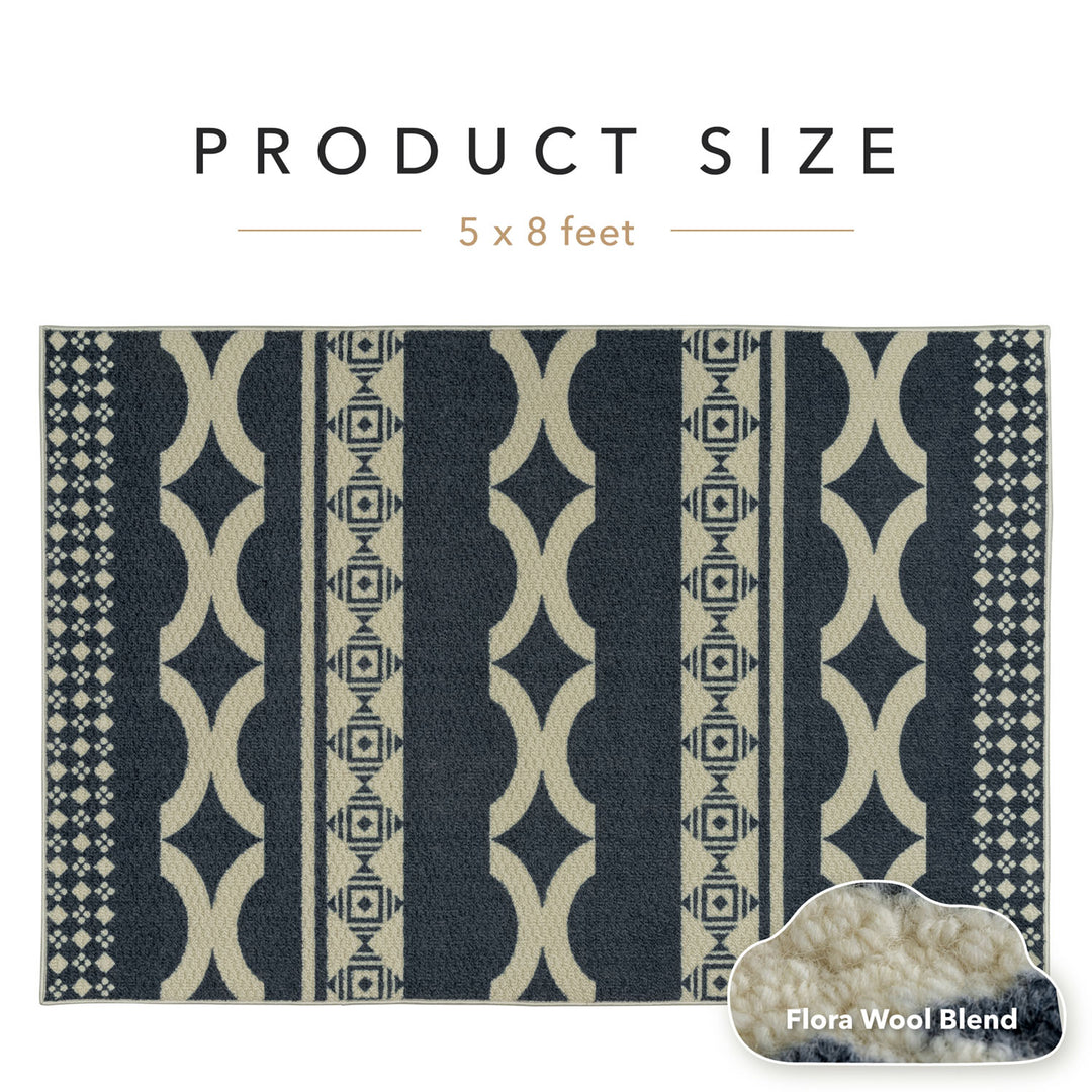 Patterned rug with geometric design on a white background, labeled 'Product Size 5 x 8 feet'.