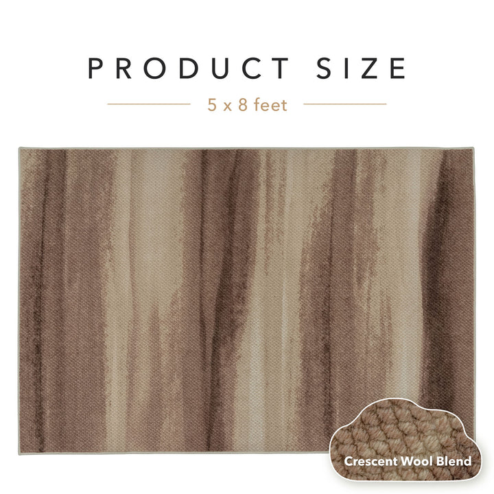 Textured rug with brown and beige stripes and product size information on a white background.