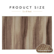 Textured rug with brown and beige stripes and product size information on a white background.
