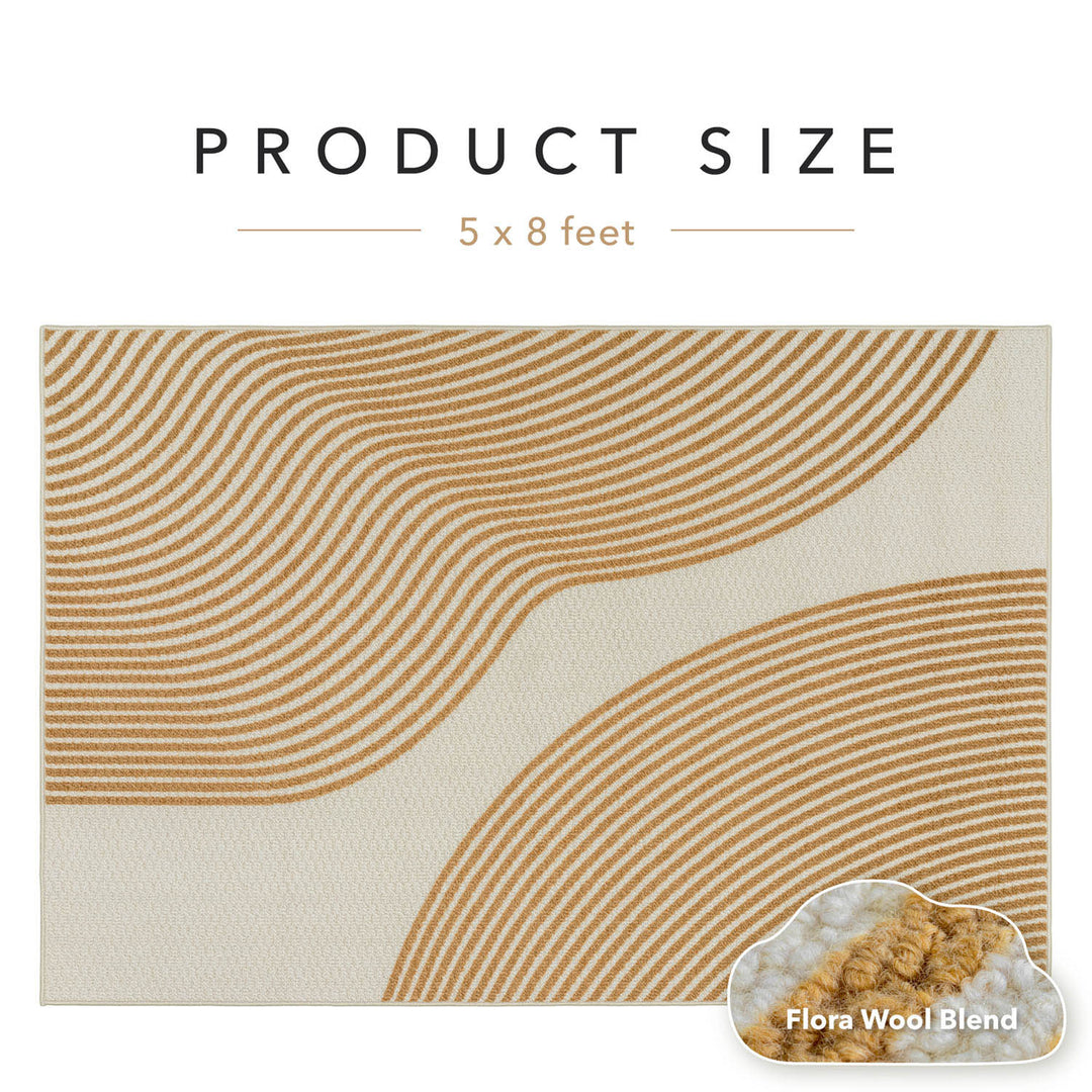 Rug with wavy brown pattern on beige background, labeled 'Product Size 5 x 8 feet'.