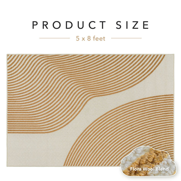 Rug with wavy brown pattern on beige background, labeled 'Product Size 5 x 8 feet'.
