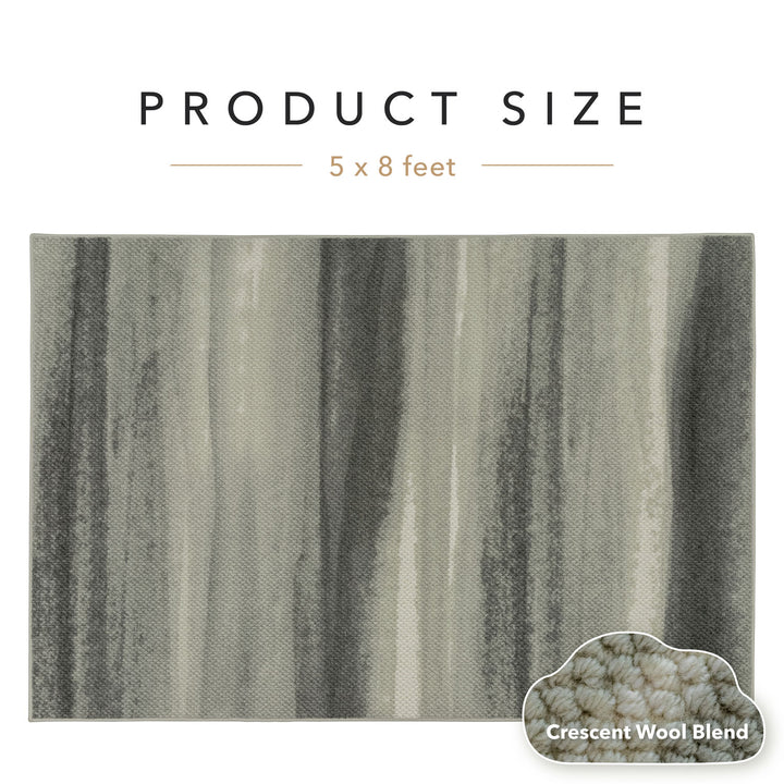 Textured fabric swatch with gray and white stripes and product size information.