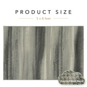 Textured fabric swatch with gray and white stripes and product size information.