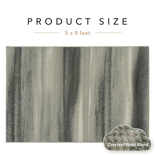 Textured fabric swatch with gray and white stripes and product size information.