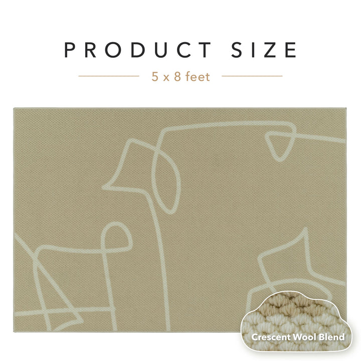 Beige rug with white line art of a chair and table, labeled 'Product Size 5 x 8 feet' and 'Crescent Wool Blend'.
