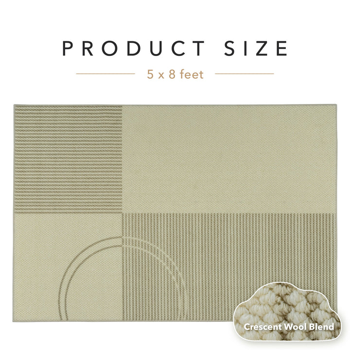 Textile product size 5 x 8 feet with a geometric pattern and 'Crescent Wool Blend' label.