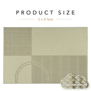 Textile product size 5 x 8 feet with a geometric pattern and 'Crescent Wool Blend' label.