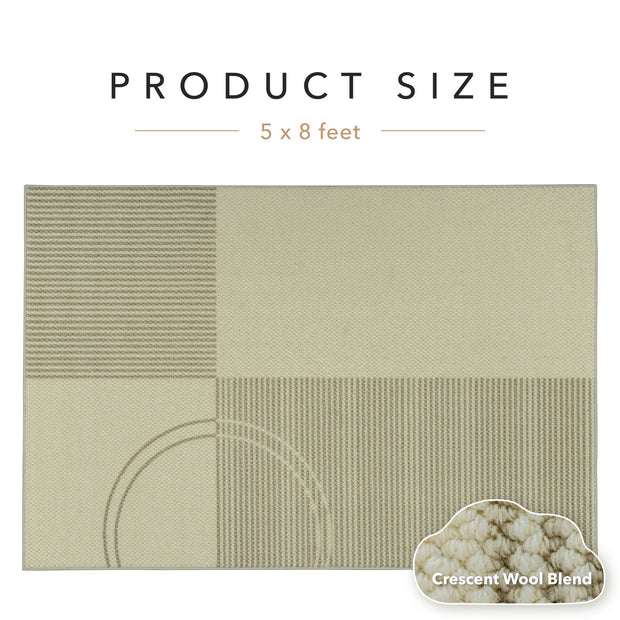 Textile product size 5 x 8 feet with a geometric pattern and 'Crescent Wool Blend' label.