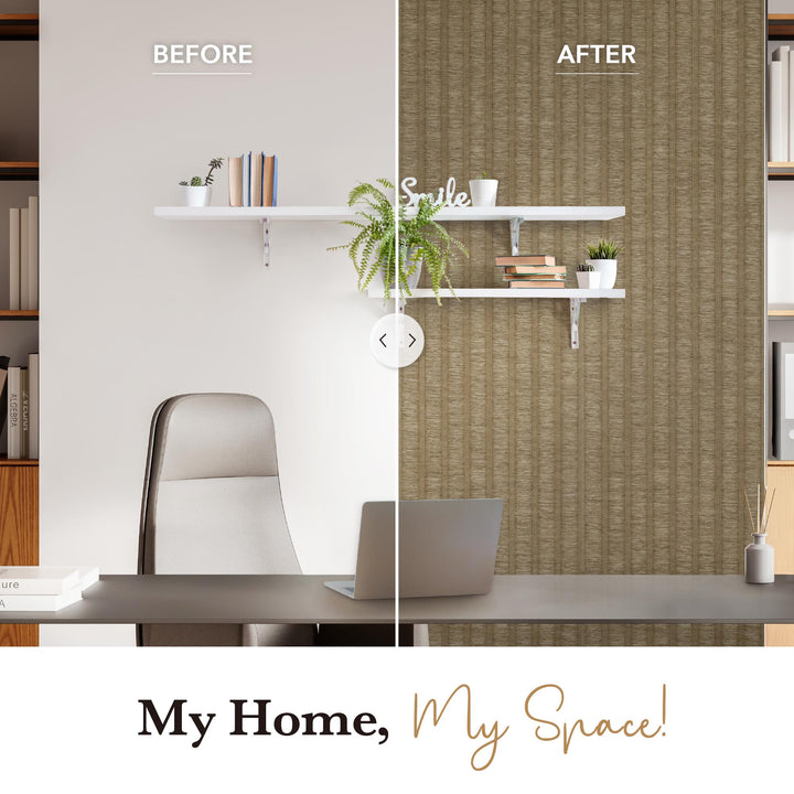 Home office makeover before and after comparison, showing transformation from plain white wall to brown textured vertical stripe wallpaper behind floating shelves.