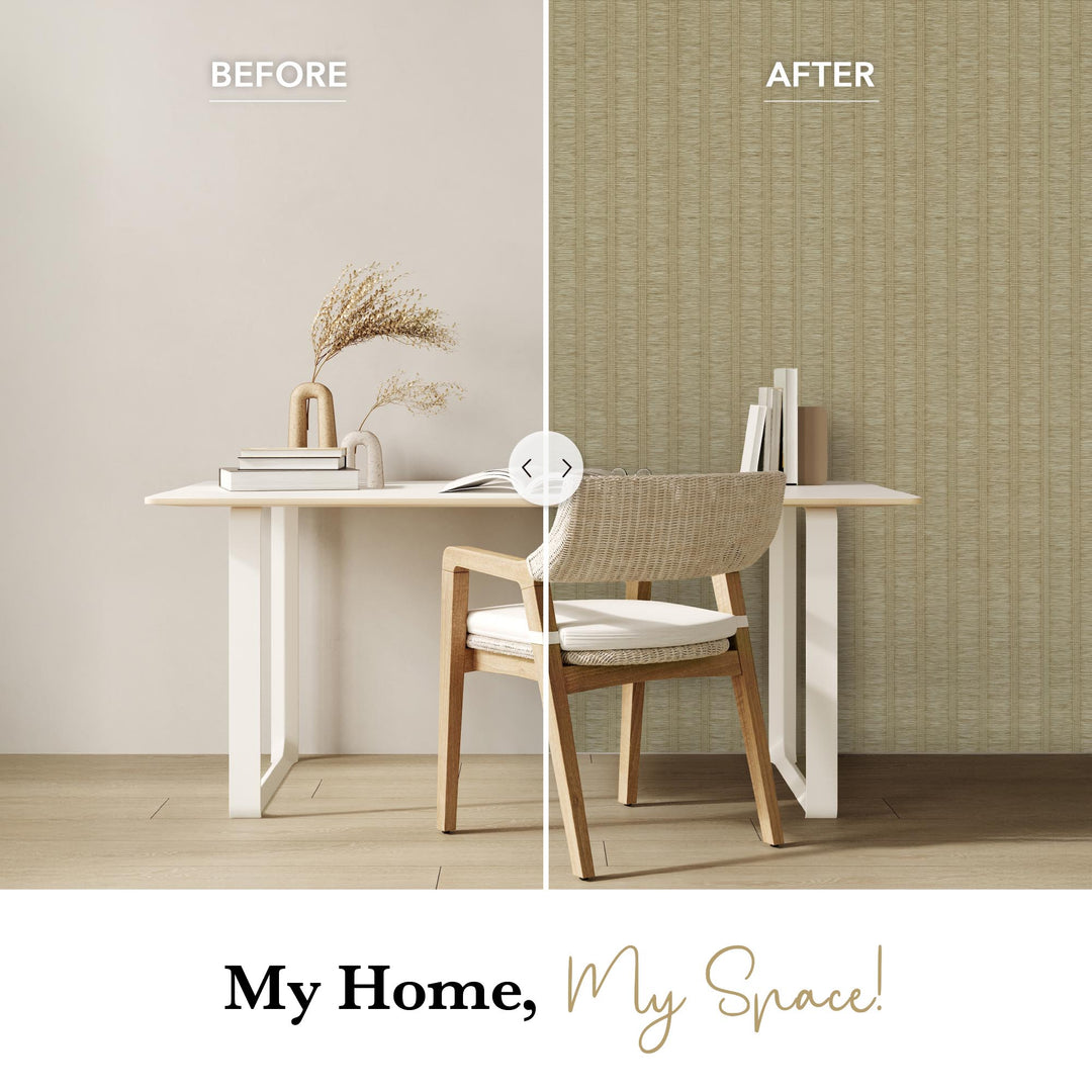 Side-by-side comparison of workspace wall transformation from plain white to light beige textured vertical stripe wallpaper.