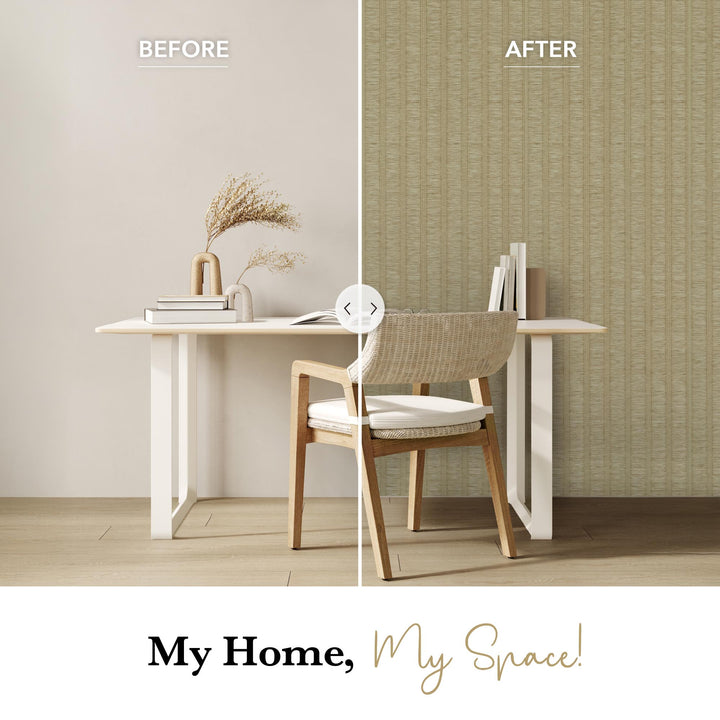 Side-by-side comparison of workspace wall transformation from plain white to light beige textured vertical stripe wallpaper.