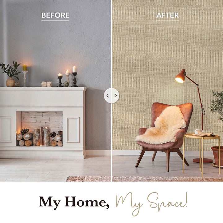 Before and after comparison showing a plain gray wall transformed with beige woven texture wallpaper, styled with cozy armchair, floor lamp, and decorative accents.