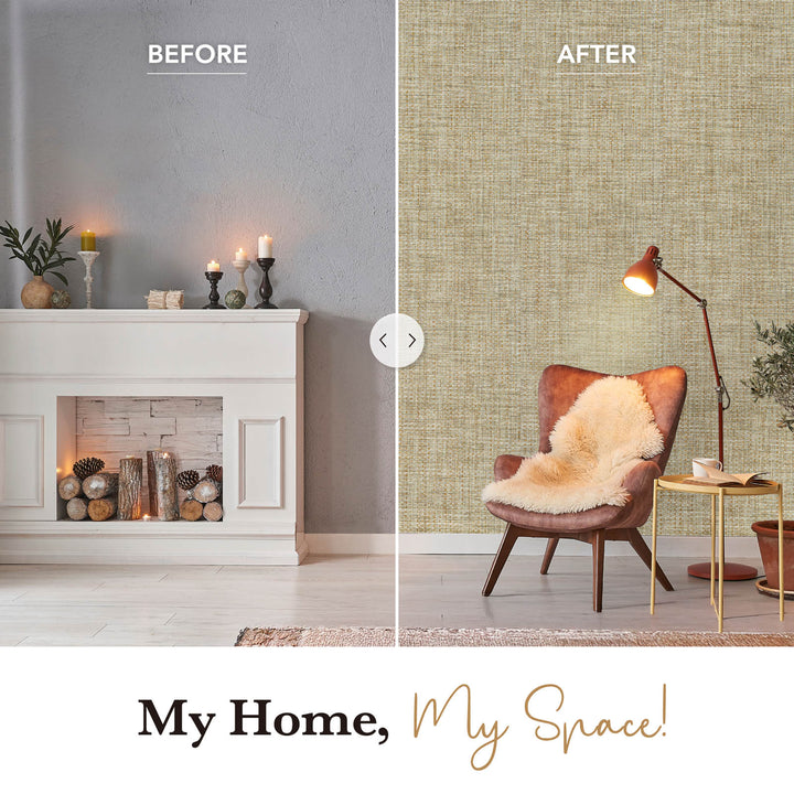 Before and after comparison showing a plain gray wall transformed into a cozy living space with beige woven texture wallpaper, featuring a leather armchair, floor lamp, and side table.