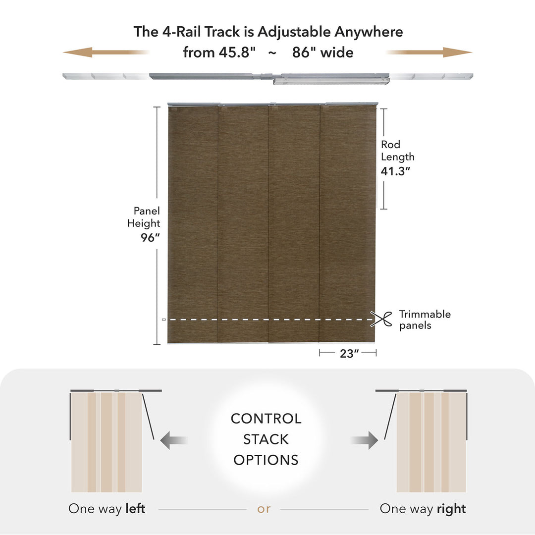 GoDear Design_Measurement chart for a 4-rail track system with adjustable width and height specifications.