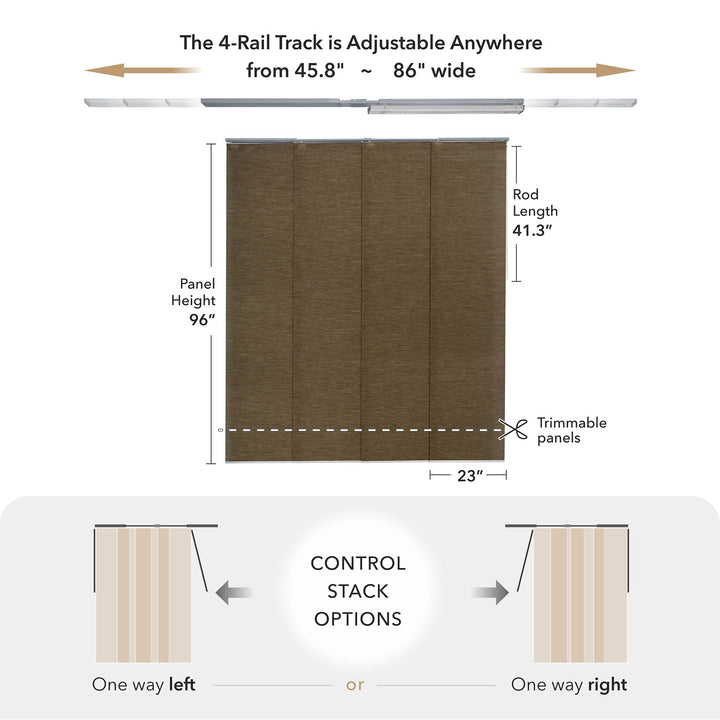 GoDear Design_Measurement chart for a 4-rail track system with adjustable width and height specifications.