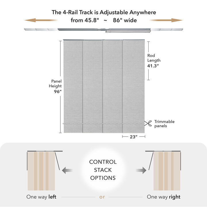 GoDear Design_Measurement chart for a 4-rail track system with adjustable width and height specifications.