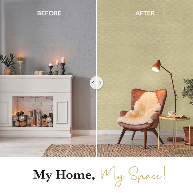 A side-by-side comparison image of a living room, showing a "before" and "after" transformation. The "before" side features a plain gray wall above a white fireplace, while the "after" side showcases a dramatic makeover with a light beige, woven-textured wallpaper from GoDear Design. The new wall covering adds warmth, texture, and a modern aesthetic, creating a cozy and stylish corner with an armchair and side table.