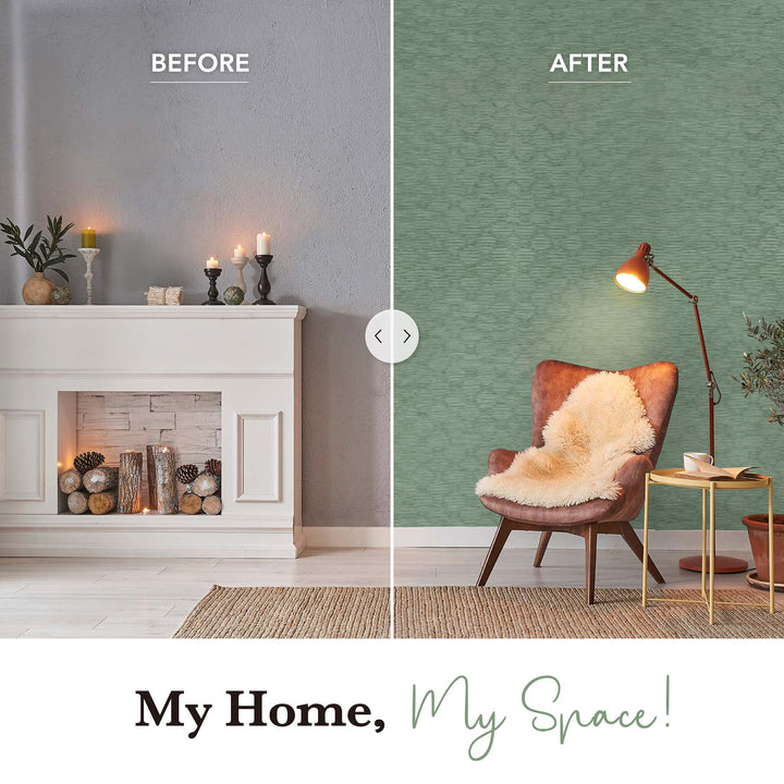 Side-by-side living room makeover showing transformation from plain gray wall to green textured accent wall with cozy reading nook.