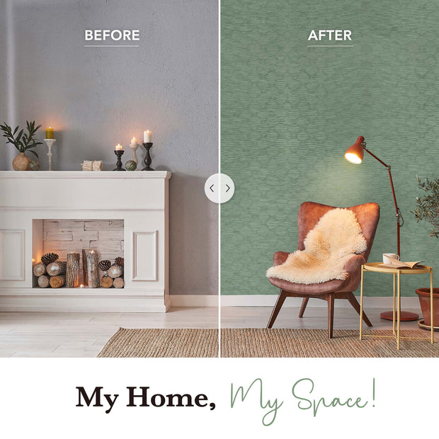 Side-by-side living room makeover showing transformation from plain gray wall to green textured accent wall with cozy reading nook.