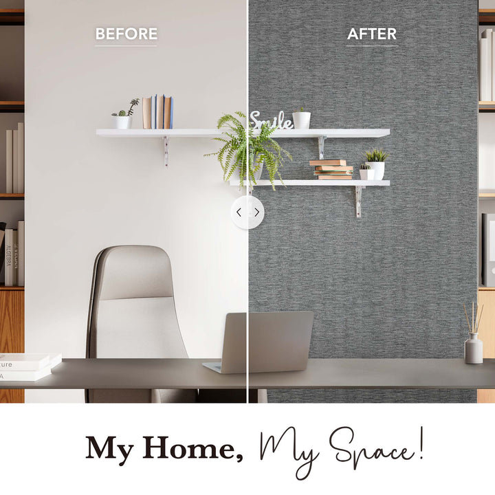 Split-screen before-and-after comparison of a home office wall transformation. On the left, the “Before” side features a plain white wall with a floating shelf holding books and plants. On the right, the “After” side shows the same space with a dark gray woven textured wallpaper, enhancing the room’s style. The bottom text reads, “My Home, My Space!