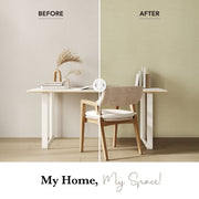 Before and after comparison of a minimalist desk area, showing plain beige wall transformed with light beige woven wallpaper.