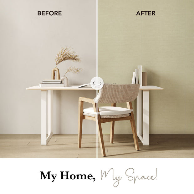 Before and after comparison of a minimalist desk area, showing plain beige wall transformed with light beige woven wallpaper.